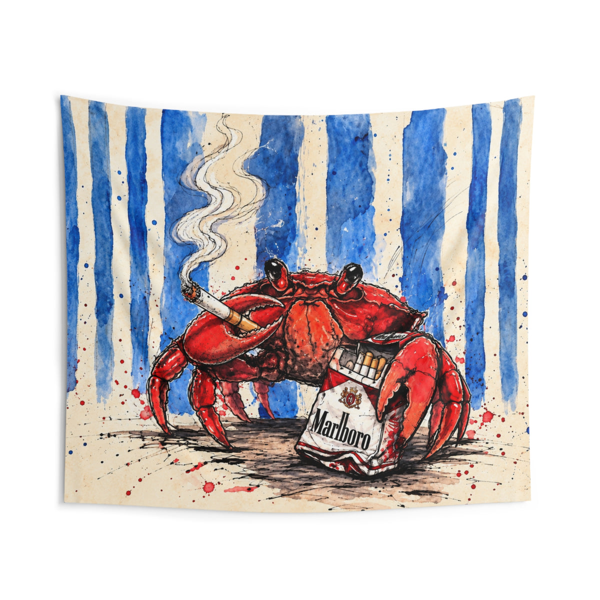 Crabby Habit Wall Tapestry — Quirky Beach Art with Marlboro Pack