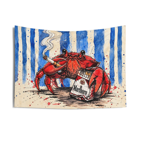 Crabby Habit Wall Tapestry — Quirky Beach Art with Marlboro Pack