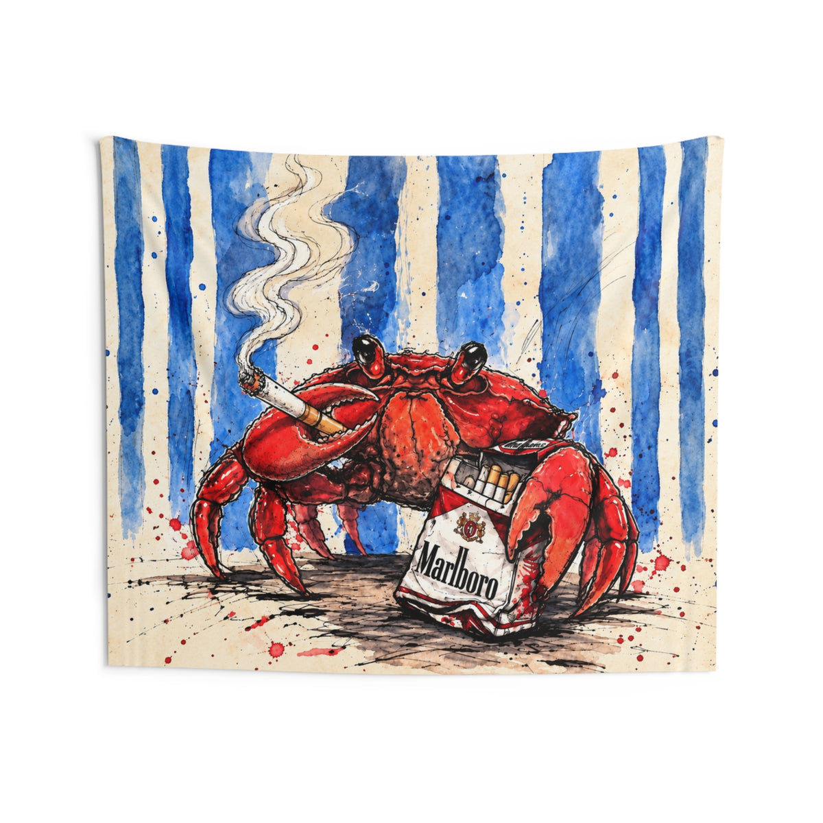 Crabby Habit Wall Tapestry — Quirky Beach Art with Marlboro Pack
