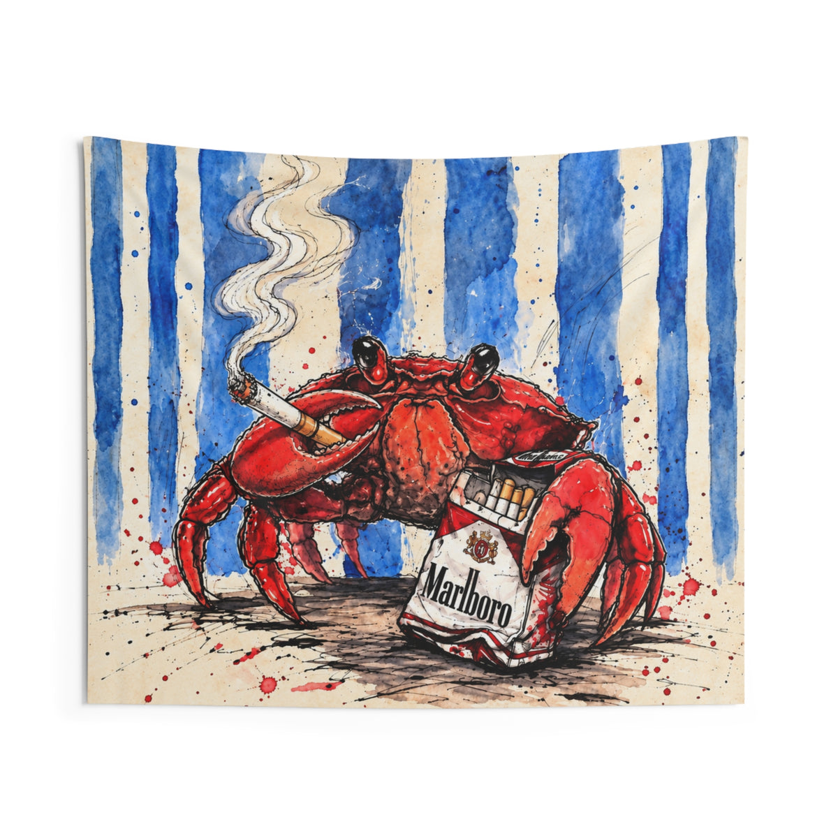 Crabby Habit Wall Tapestry — Quirky Beach Art with Marlboro Pack