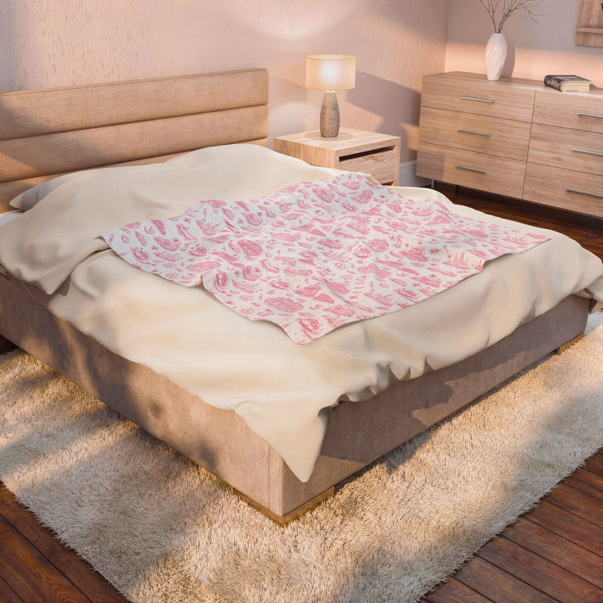 Bayou Toile Velveteen Plush Blanket — Magnolia Pink